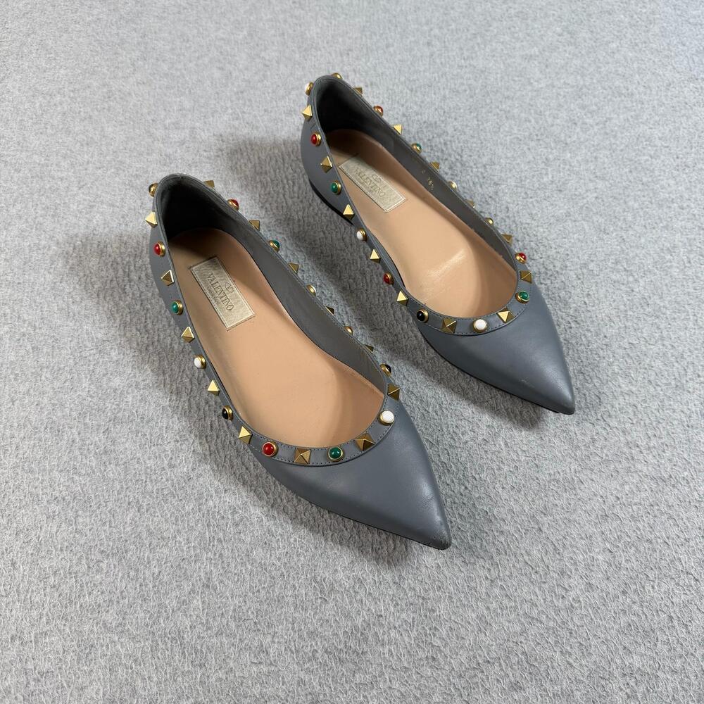 Valentino Shoes Womens 6 EU 36 1/2 Gray Leather Ballet Flats Studded Italy Read